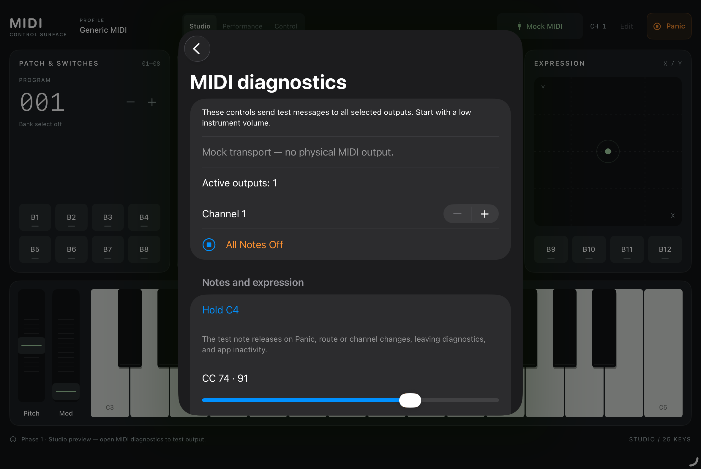 MidiPaddy MIDI diagnostics panel showing active routes and recent MIDI events