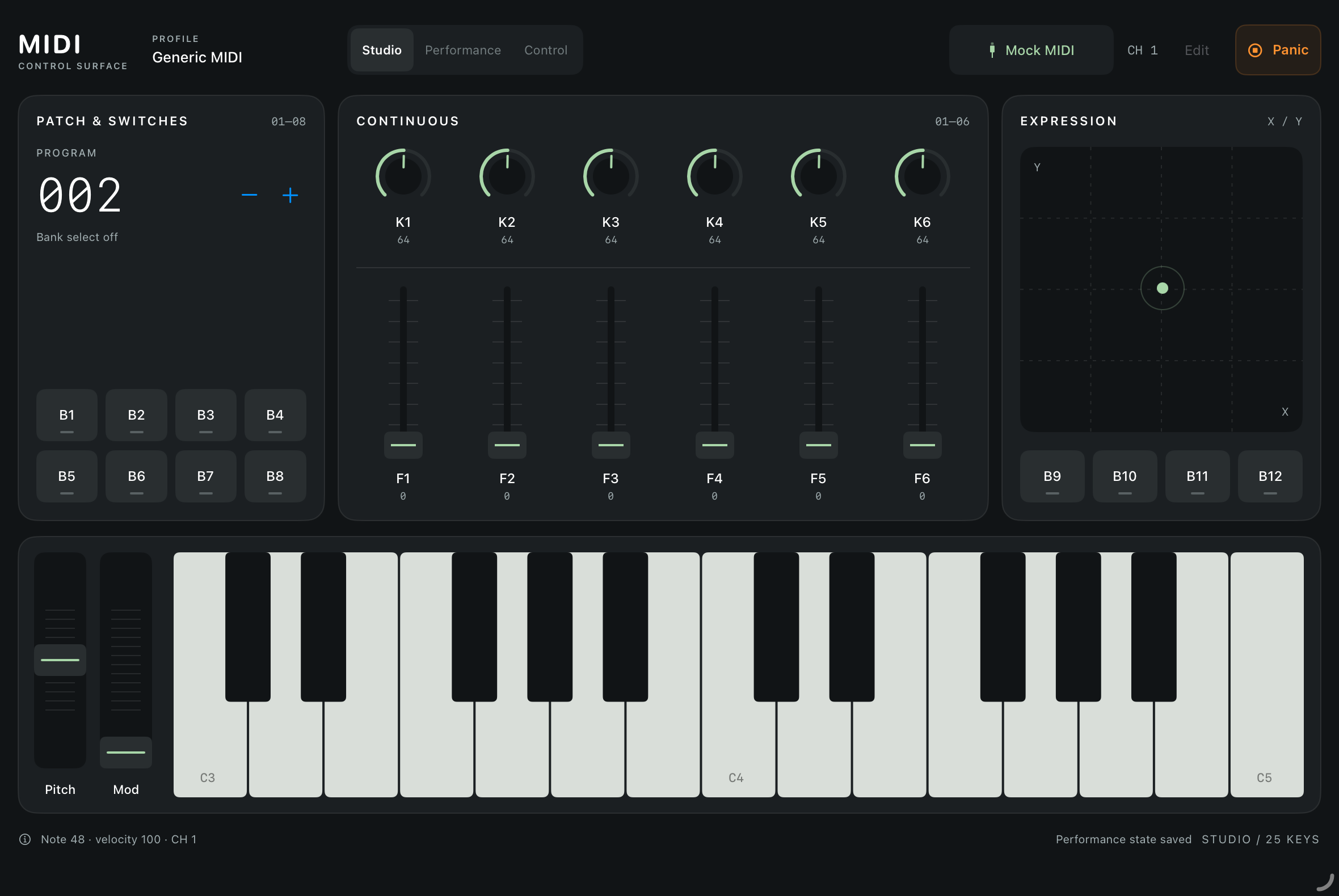MidiPaddy Studio layout showing a piano keyboard, knobs, faders, buttons and an X-Y pad